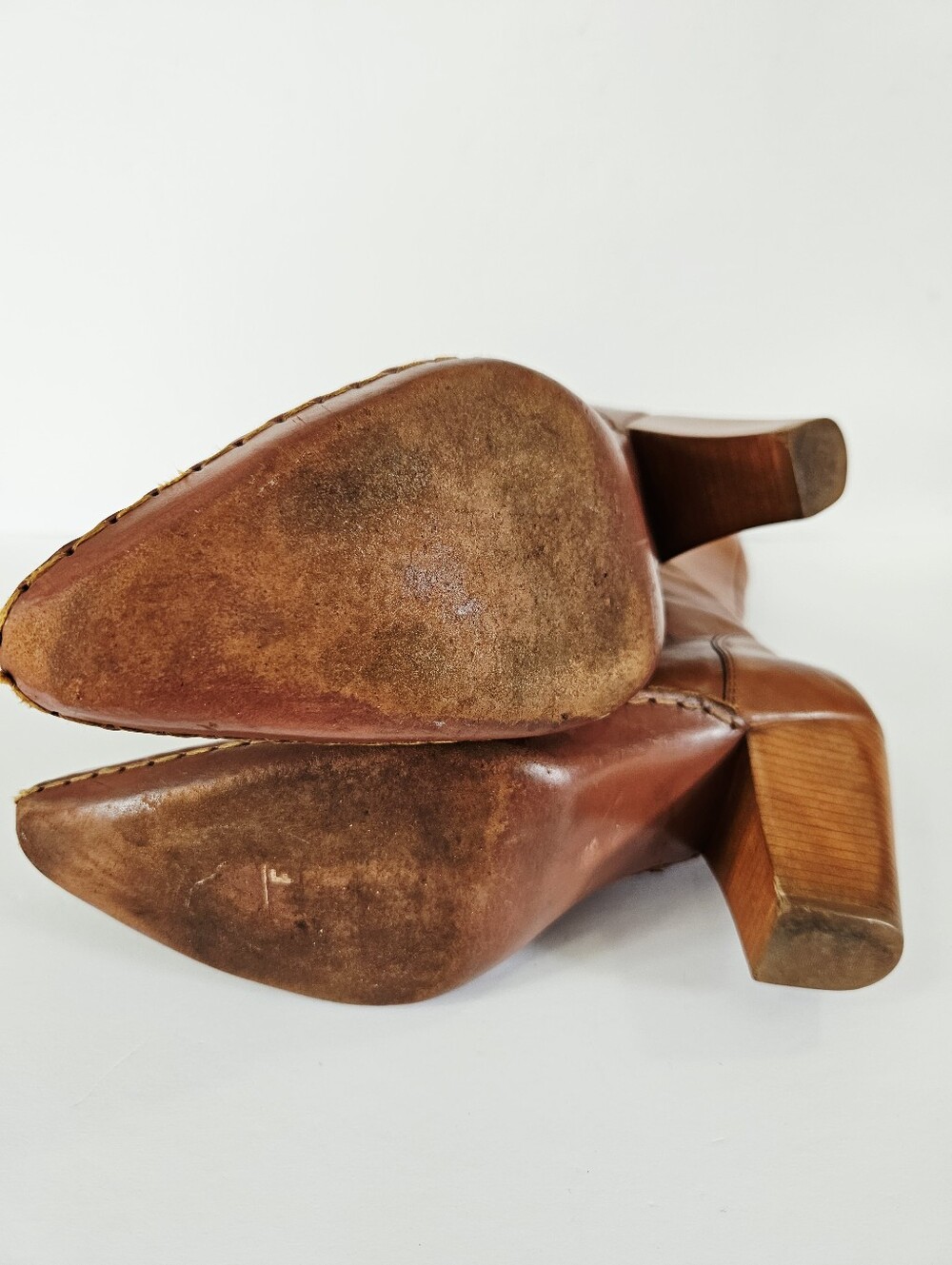 Vintage Frye Phoenix Cognac Brown Leather Stacked Heel Western Cowboy Boots 10 - Picture 13 of 15